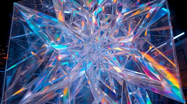 A complex, multi-faceted crystalline structure with vibrant rainbow light refractions, resembling a geometric snowflake or abstract sculpture. - Powered by Adobe