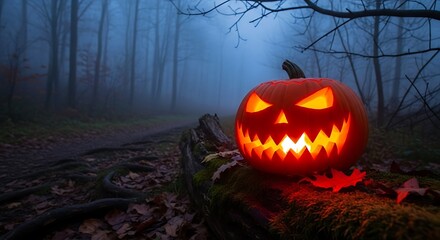 Illuminated carved pumpkin rests on a mossy log in a misty forest path at dusk, casting an eerie glow.