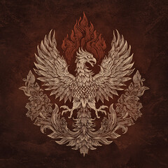 Fototapeta premium The majestic phoenix rising from flames, a symbol of rebirth, strength and hope. The phoenix has outstretched wings and is set against a floral backdrop. The image conveys elegance and luxury 