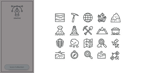 Various geological and mining icons showcasing activities related to earth science and exploration in a simple design © AVRIX