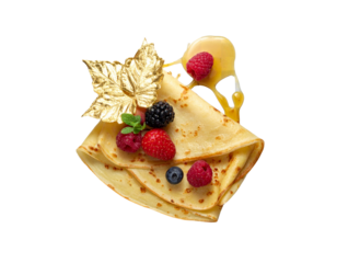 Luxury Crepe with Gold Leaf and Berries, Top-Down View, isolated