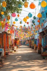 Naklejka premium Vibrant Indian street decorated lanterns colorful banners hanging lights festive market stalls