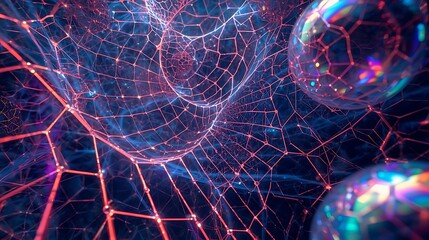 Abstract visualization of a complex network structure with glowing nodes and interconnected lines, resembling a cosmic web or neural network.