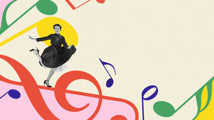 Creative collage. Retro woman dancing with joy on colorful music notes background. Concept of jazz festivals, swing dance culture, vintage event advertising, and nostalgia marketing.