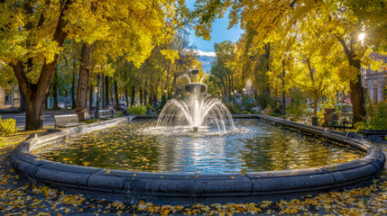 Serene park scene featuring a beautiful fountain surrounded by vibrant autumn trees, reflecting golden leaves on the water surface, creating a peaceful atmosphere for relaxation