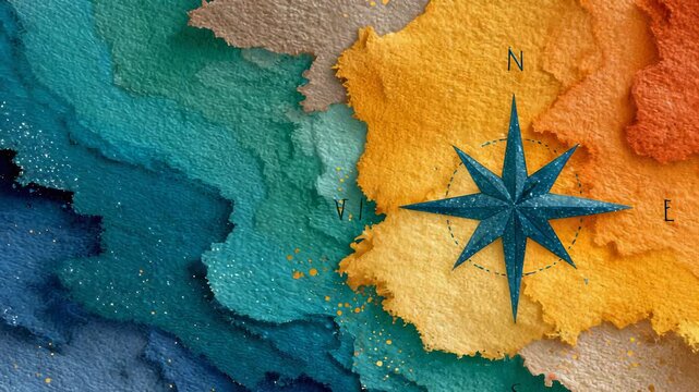 Abstract Watercolor World Map with Compass Rose, Textured Background, Navigation, Travel, and Exploration Concept