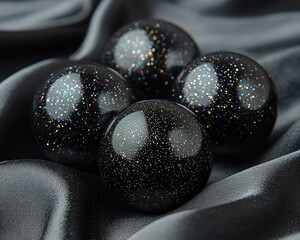 Close-up of four black, sparkly spheres on dark gray fabric