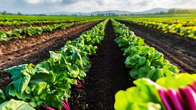 A basket of fresh purple beets sits in a field with neat rows of beet plants extending into the distance.