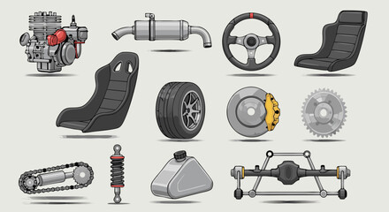 A detailed vector illustration set of performance auto parts. Collection of racing car and motorsport components like engine, brakes, and suspension for tuning, isolated on a light background.
