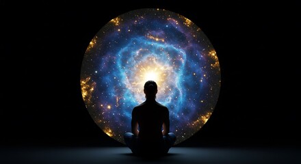 Silhouette of person meditating in lotus pose facing a vibrant cosmic nebula portal