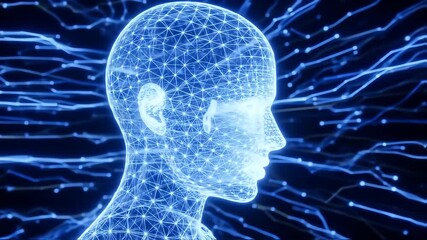 Abstract digital human head, glowing network of lines and points - Powered by Adobe