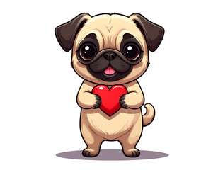 Naklejka premium Kawaii Pug Holding a Small Heart, Standing Pose, isolated on transparent background.