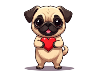 Kawaii Pug Holding a Small Heart, Standing Pose, isolated on transparent background.