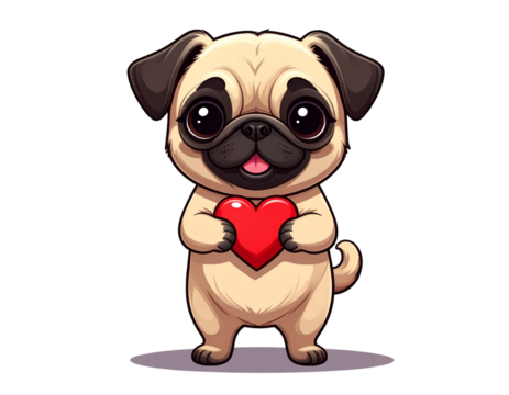 Kawaii Pug Holding a Small Heart, Standing Pose, isolated on transparent background.