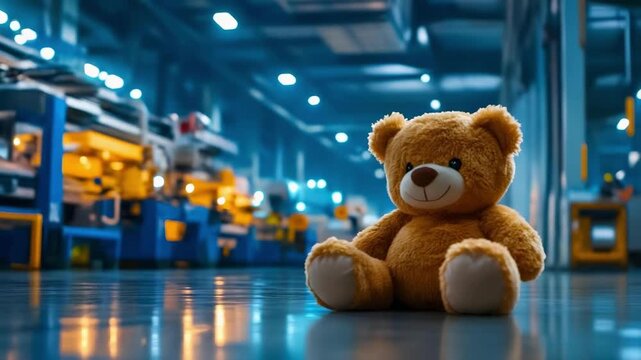 A plush teddy bear sitting on the floor of an illuminated warehouse with blue lights and machinery in the background.
