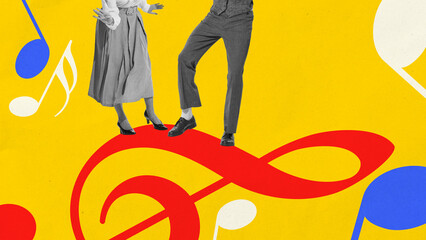 Pop art collage. Retro dancers stepping on red treble clef with colorful notes on yellow background. Concept of jazz festivals, swing events, nostalgic advertising, and cultural storytelling.