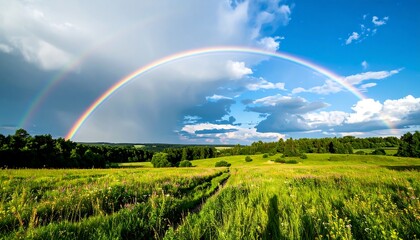 Fototapeta premium A vibrant double rainbow arches over a green field with trees and a path, under a dynamic, cloudy sky