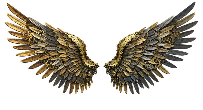 Steampunk Mechanical Wings with Gears and Feathers png clear alpha channel cutout isolated on transparent background