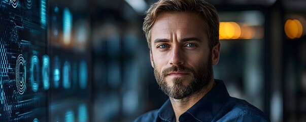 Confident man in a modern futuristic office environment with glowing digital data displays and soft bokeh lights