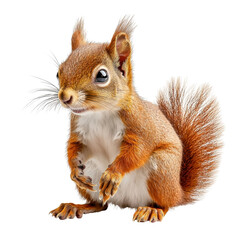 Adorable squirrel with fluffy tail sitting curiously on a soft surface in a vibrant woodland setting transparent background