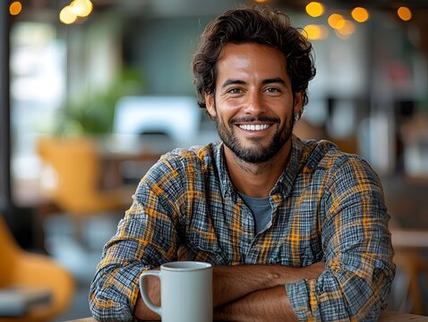 A man in a plaid shirt smiles confidently holding a coffee mug embodying a relaxed lifestyle in a cafe