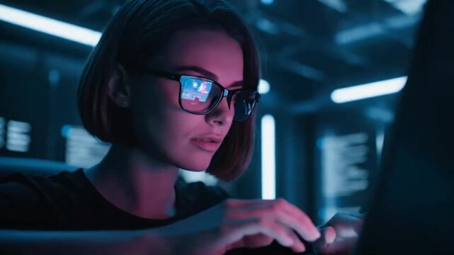 Young female hacker with glasses programming on a laptop in a futuristic server room