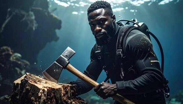 A man underwater, chopping wood with an axe