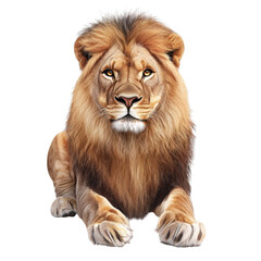 Obraz premium Majestic Lion with Thick Mane Sitting Proudly in Front of a White Background, Symbolizing Strength and Courage transparent background