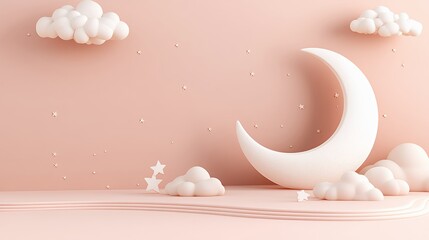 Dreamy Pastel Moonlit Night Scene with Fluffy Clouds and Stars