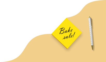 Bake sale sticky note. Christmas cookie box with written message left. Yellow sticky note. Cut out. Corner composition. Modern food business, charity events sign, small talk culture. PNG