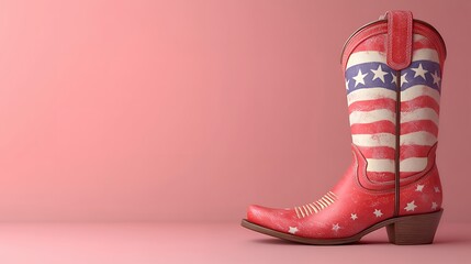 Distressed Red Cowboy Boot with American Flag Design on Pink Background