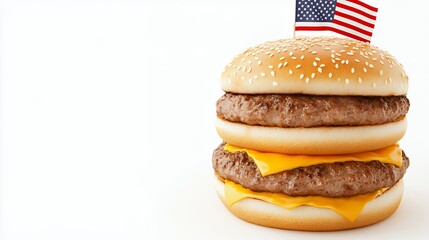 Double Cheeseburger with American Flag on White Background