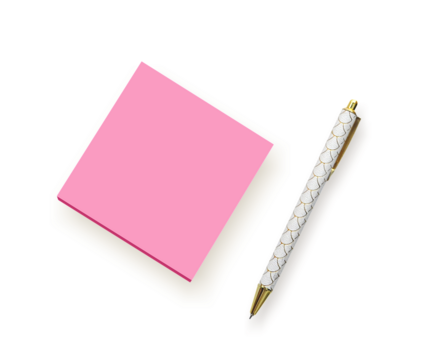 Sticky notes and pen. Cut out sticky notes. Pink color square paper sheets. Short note taking concept. Bright neon sticky notes. PNG