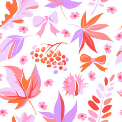 Autumn pattern with colorful leaves, berries, flowers and bows on a white background. Cute fall pattern. Maple leaves, acacia, oak, rowan berries in pink and purple colors. Vector illustration.
