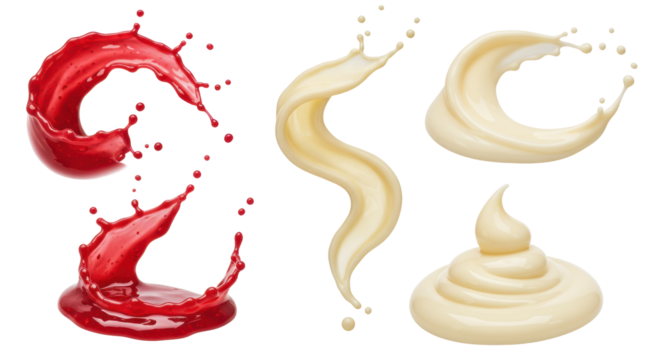 Dynamic splashes, swirls, drips of vibrant red raspberry, creamy white vanilla sauces, frozen in motion against transparent background with copy space. Concept for dessert advertising