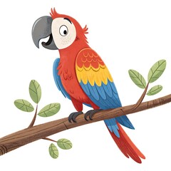 A colorful cartoon macaw parrot perched on a tree branch