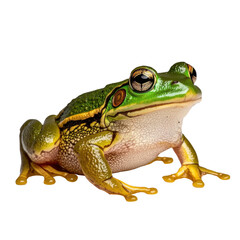 Obraz premium Vibrant Green Frog with Striking Yellow and Black Patterns Posing on White Background in Exquisite Detail transparent background