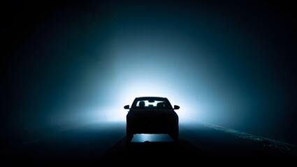Silhouette of Car Driving on Foggy Night Road, Mysterious Moody Atmosphere, Headlights Illuminating Path Ahead