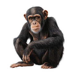 Naklejka premium Realistic Portrait of a Sitting Chimpanzee with Expressive Eyes and Detailed Fur Against a Simple Background transparent background