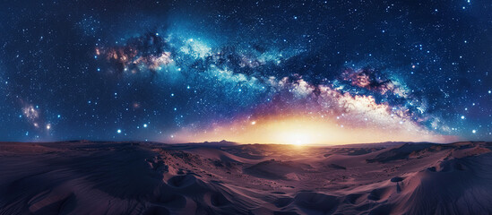 Fototapeta premium Celestial Canvas: An awe-inspiring panorama of the night sky unfolds, the Milky Way ablaze with a symphony of stars and celestial wonders, as a distant sun rises over a surreal landscape.