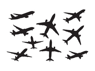 Diverse airplane silhouettes flying across the sky multiple jet aircraft designs in flight silhouette
