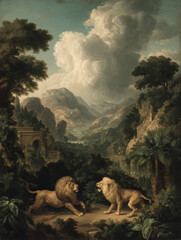 Lions Fighting in Stormy Jungle