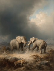 Elephants Fighting in Stormy Jungle