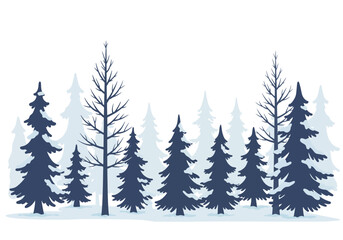 Winter forest scene with dark blue evergreens and lighter blue background trees against a white backdrop
