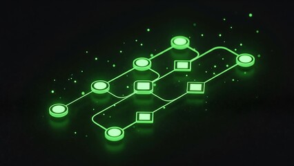 A glowing green flow chart with connected nodes, symbolizing a complex data processing system, algorithmic problem-solving, and abstract business strategies.
