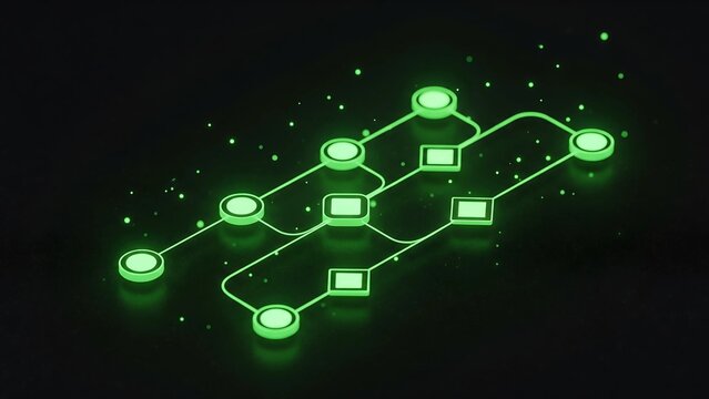 A glowing green flow chart with connected nodes, symbolizing a complex data processing system, algorithmic problem-solving, and abstract business strategies.