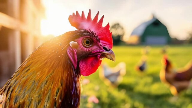 A close-up hen with a red comb in a sunlit farmyard, with other chickens and a green barn in the background.