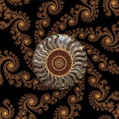 A detailed ammonite fossil shell, set against a backdrop of intricate fractal spirals, creates a visually stunning image.