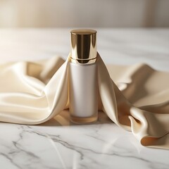 A cream bottle sits elegantly draped in a soft, beige silk fabric, creating a sophisticated and luxurious aesthetic on a marble surface.