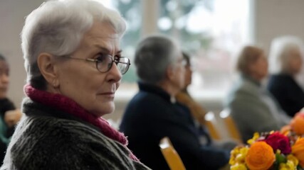 An elderly woman with white hair and glasses sits in a conference room, listening, with other attendees and colorful flowers on the table.